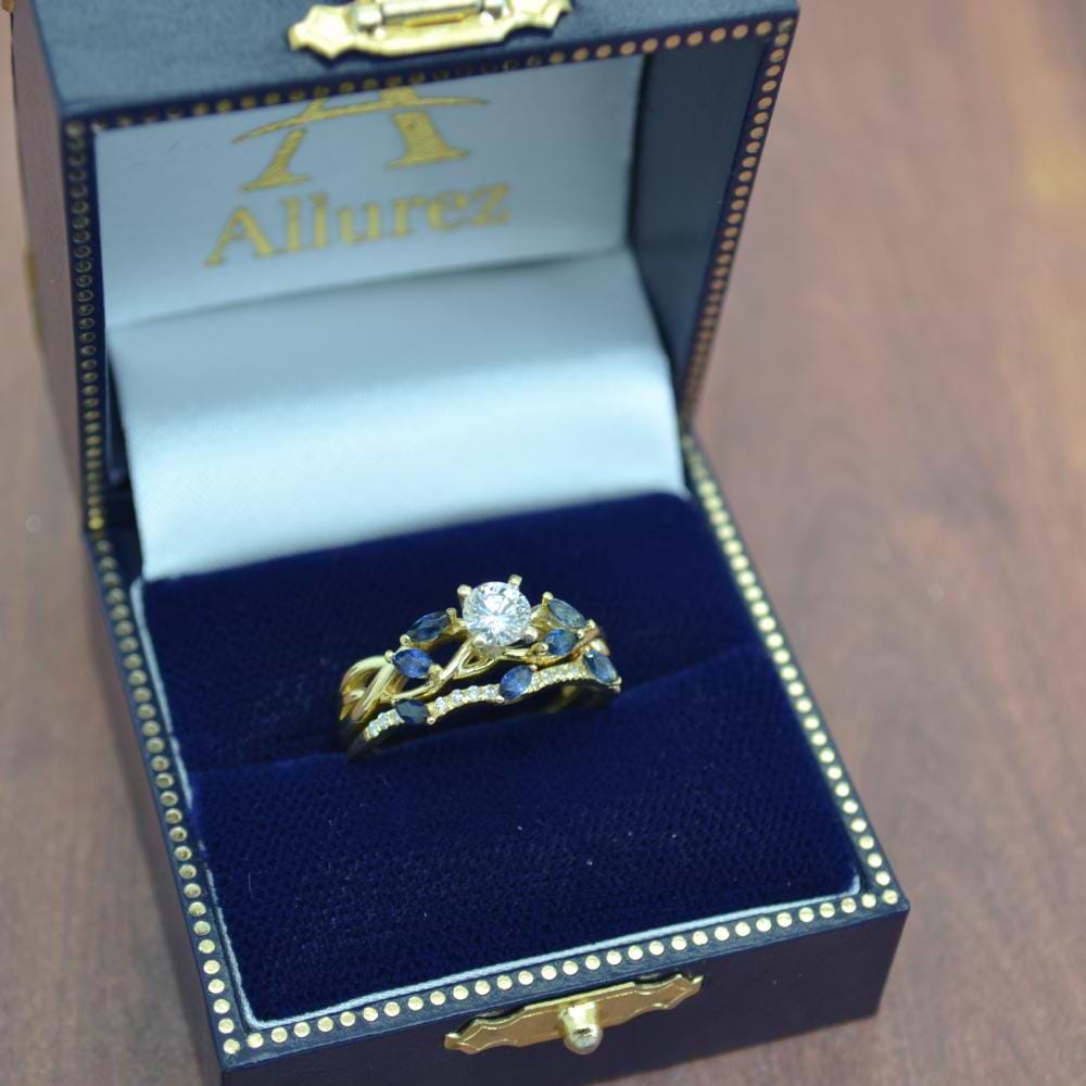 Marquise Blue Sapphire & Diamond Bridal Set Setting 18k Yellow Gold (0.43ct)